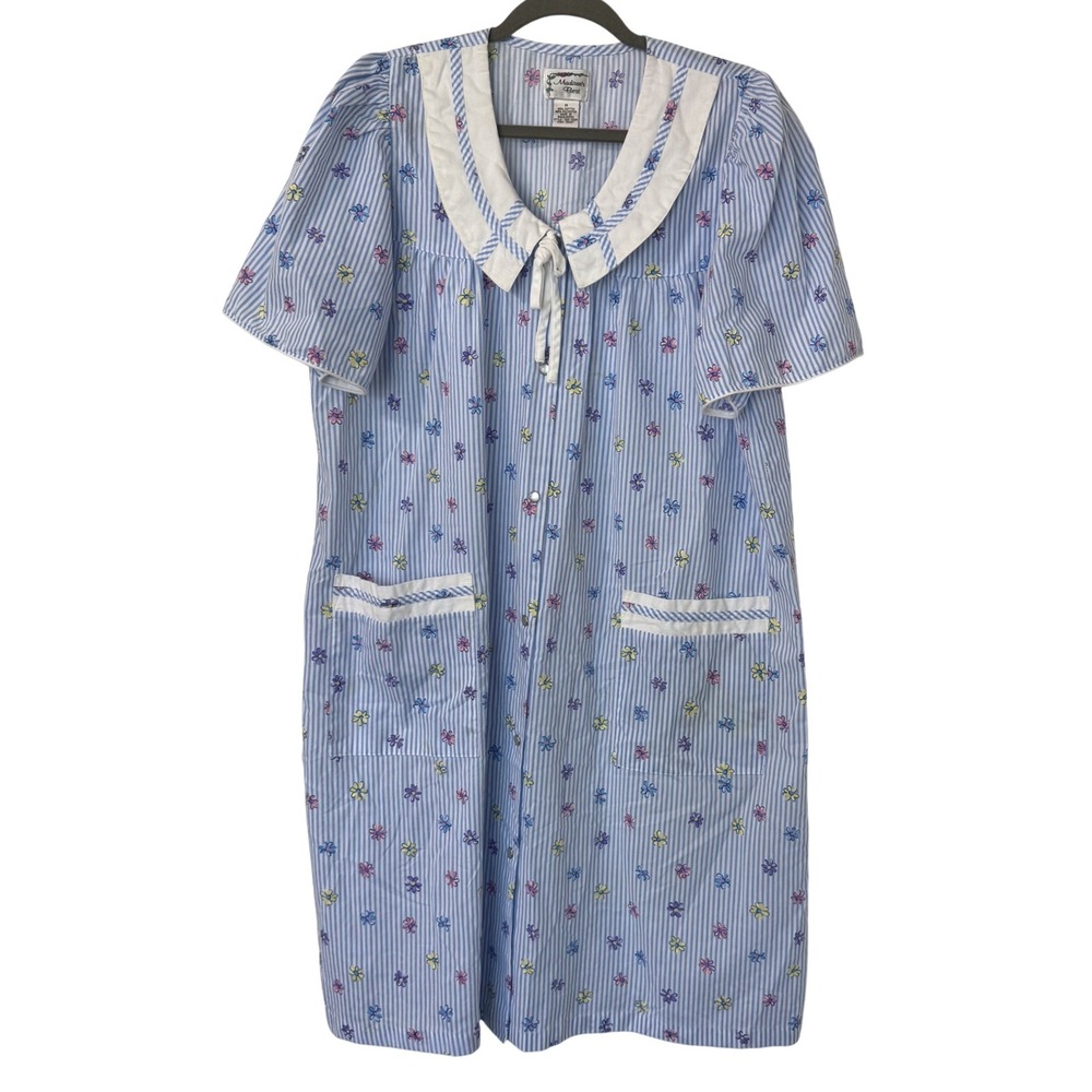 Madison's Best Blue White Striped Floral Snap Front House Dress Nightgown Medium